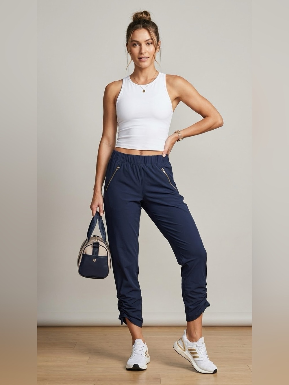 Athleta Navy Blue Cropped Pant With Cinch Bottom Zipper Pockets Size 2